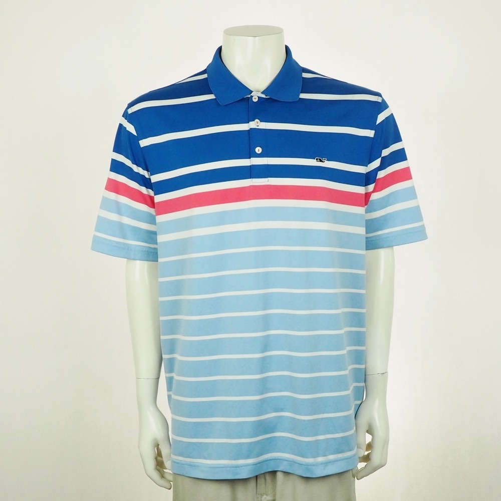 Vineyard Vines Performance Golf Polo Shirt Mens Sz XL Blue Striped Whale Stretch